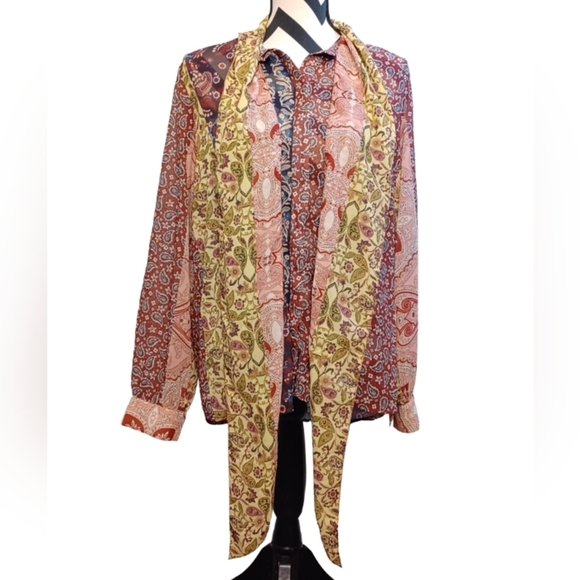 Soft Surroundings Boho Paisley Floral Mixed Print Sz L Tie Front Blouse - Picture 2 of 14